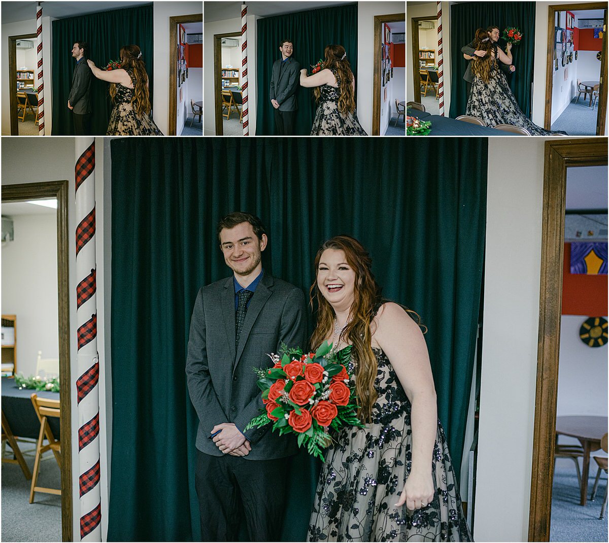 Bride stand with family and friends at The Strand Theatre