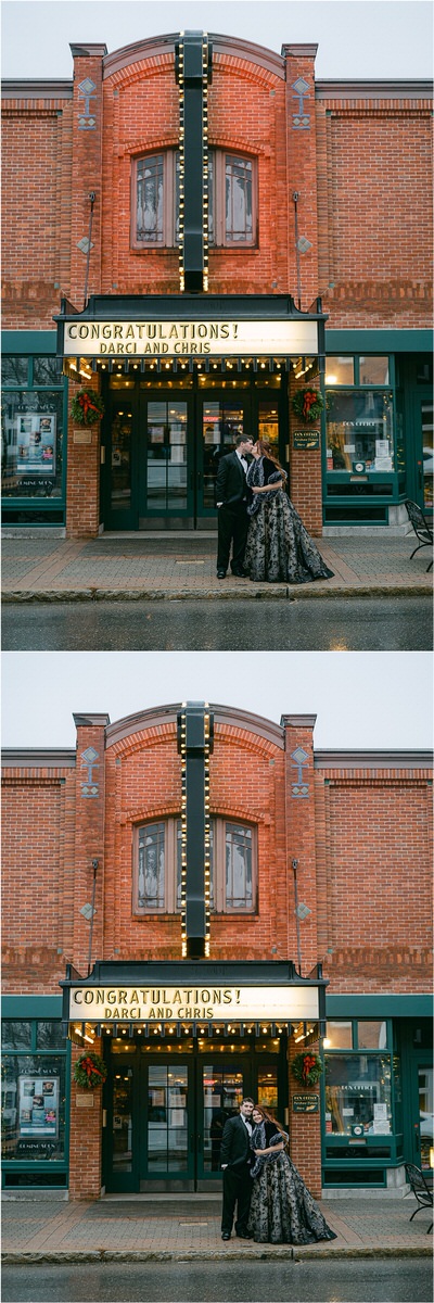 Bride and groom stand in front of the thater Rachel Campbell Photography