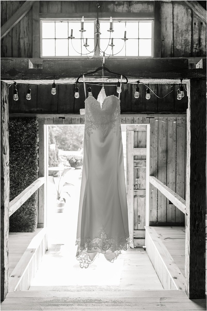 Bridal gown hanging for Rachel Campbell Photography