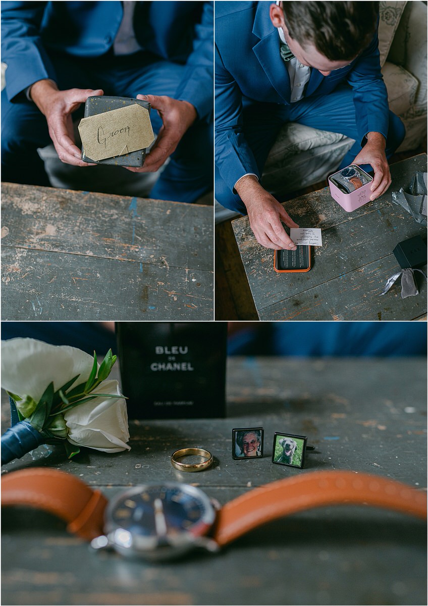 Groom opens wedding gift for Rachel Campbell Photography