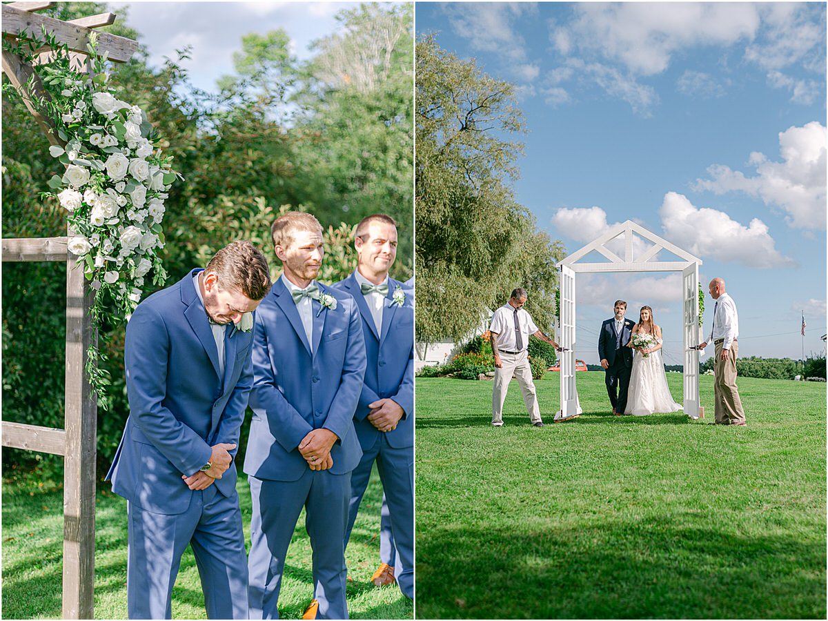 Groom sees bride walking down the aisle at Harmony Hill Farm
