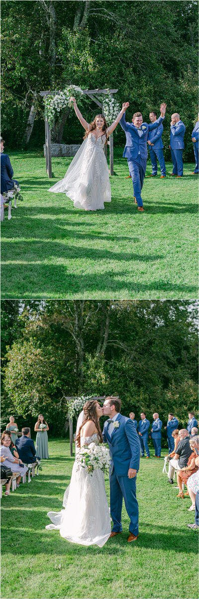 Bride and groom walk down the aisle at Harmony Hill Farm