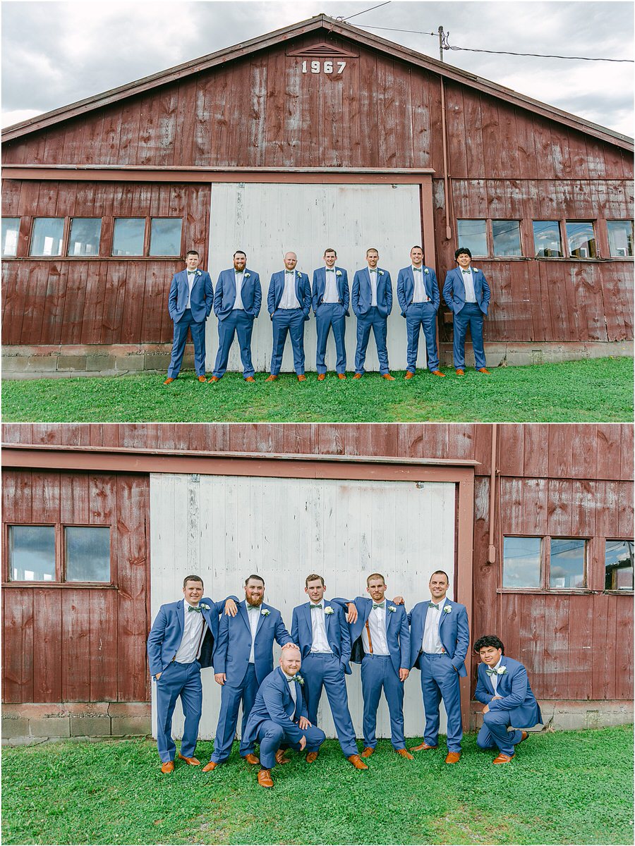 Groom and groomsmen stand in front of the barn at Harmony Hill Farm