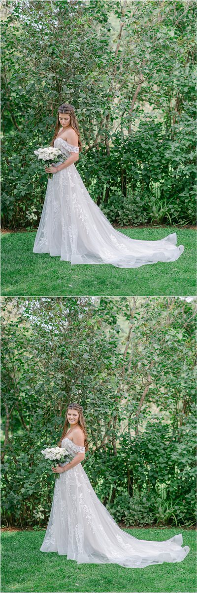 Bride stands in wedding gown for Rachel Campbell Photography