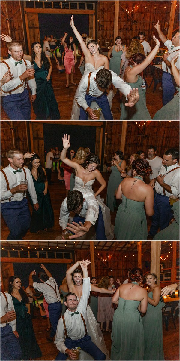 Family and friends dance with bride and groom at Harmony Hill Farm