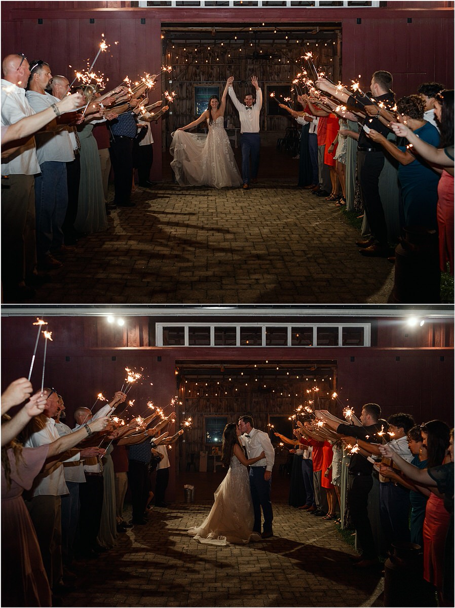 Couple exist with sparklers and shares a kiss at Harmony Hill Farm