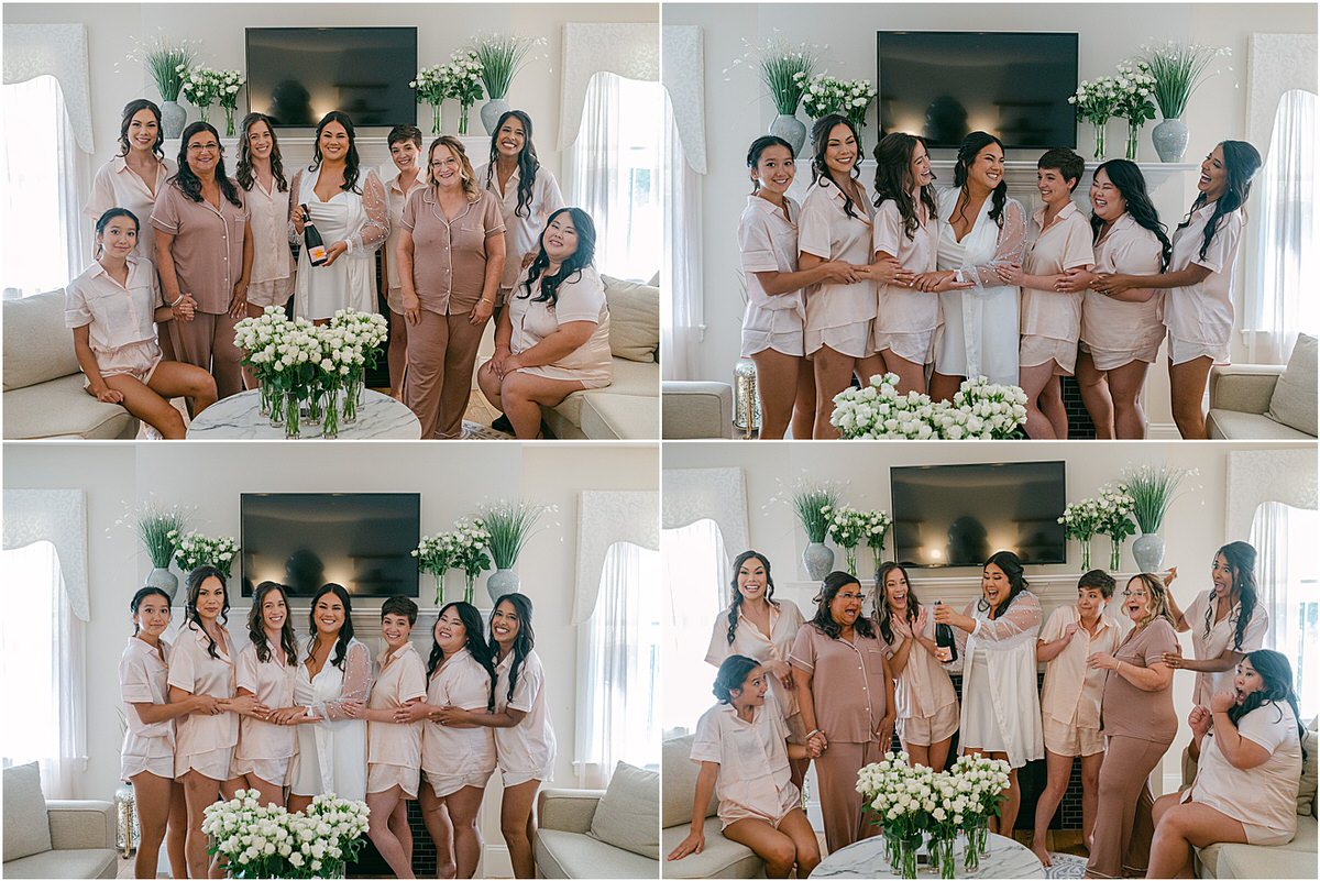 Bridesmaids smile and celebrate with the bride at The Red Barn at Outlook Farm