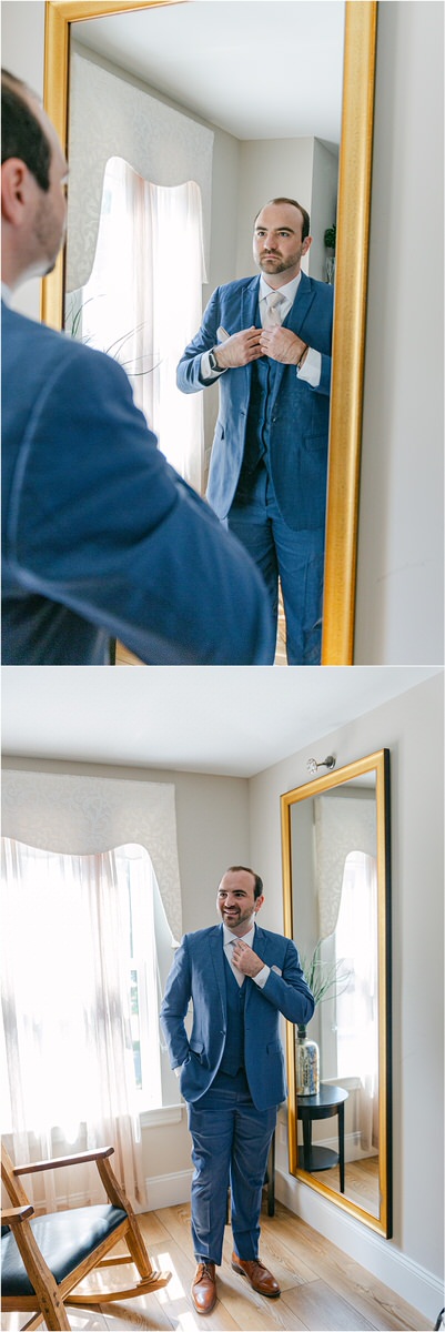 Groom gets ready for wedding at The Red Barn at Outlook Farm