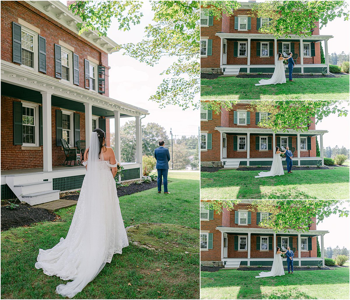 Bride and groom first look at The Red Barn at Outlook Farm