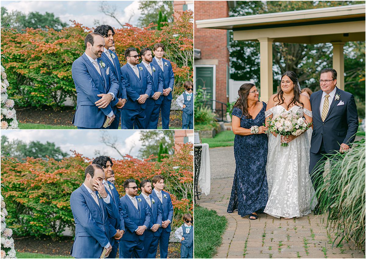 Parents walk bride down the aisle at The Red Barn at Outlook Farm