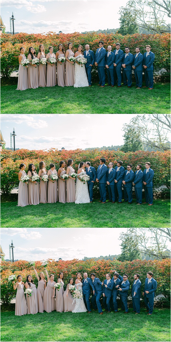 Bride and groom stand with wedding party at The Red Barn at Outlook Farm