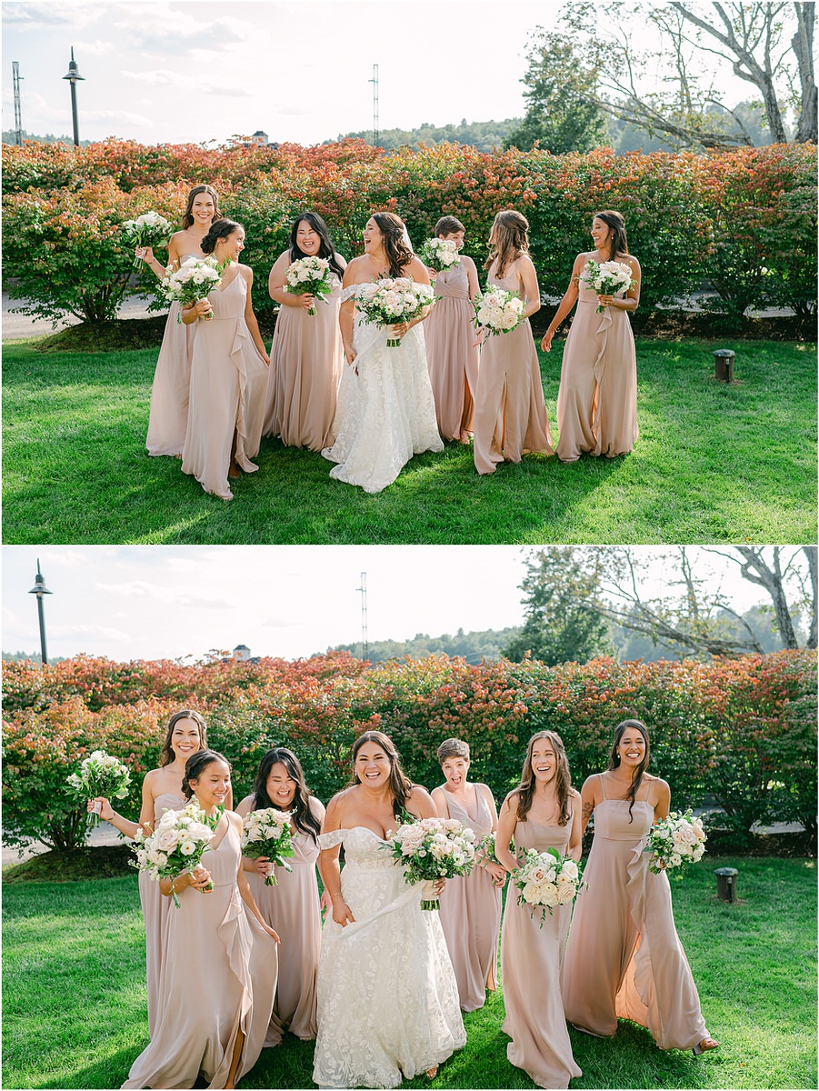 Bridesmaids stand together with bride for Rachel Campbell Photography