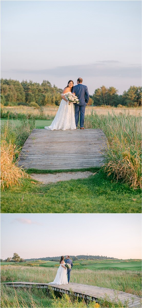 Bride and groom stand on the dock together for Rachel Campbell Photography