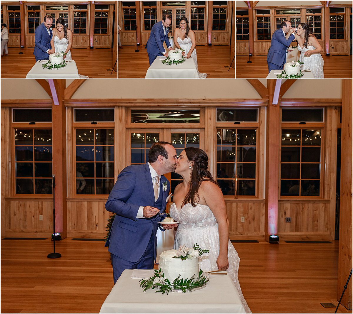 Couple cut their wedding cake and share a kiss for Rachel Campbell Photography
